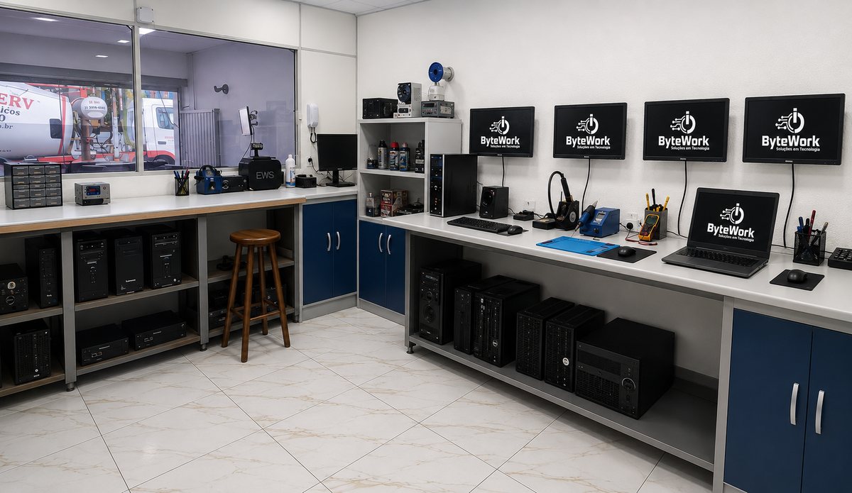 Laboratório Byte Work com bancada técnica, computadores e equipamentos de diagnóstico